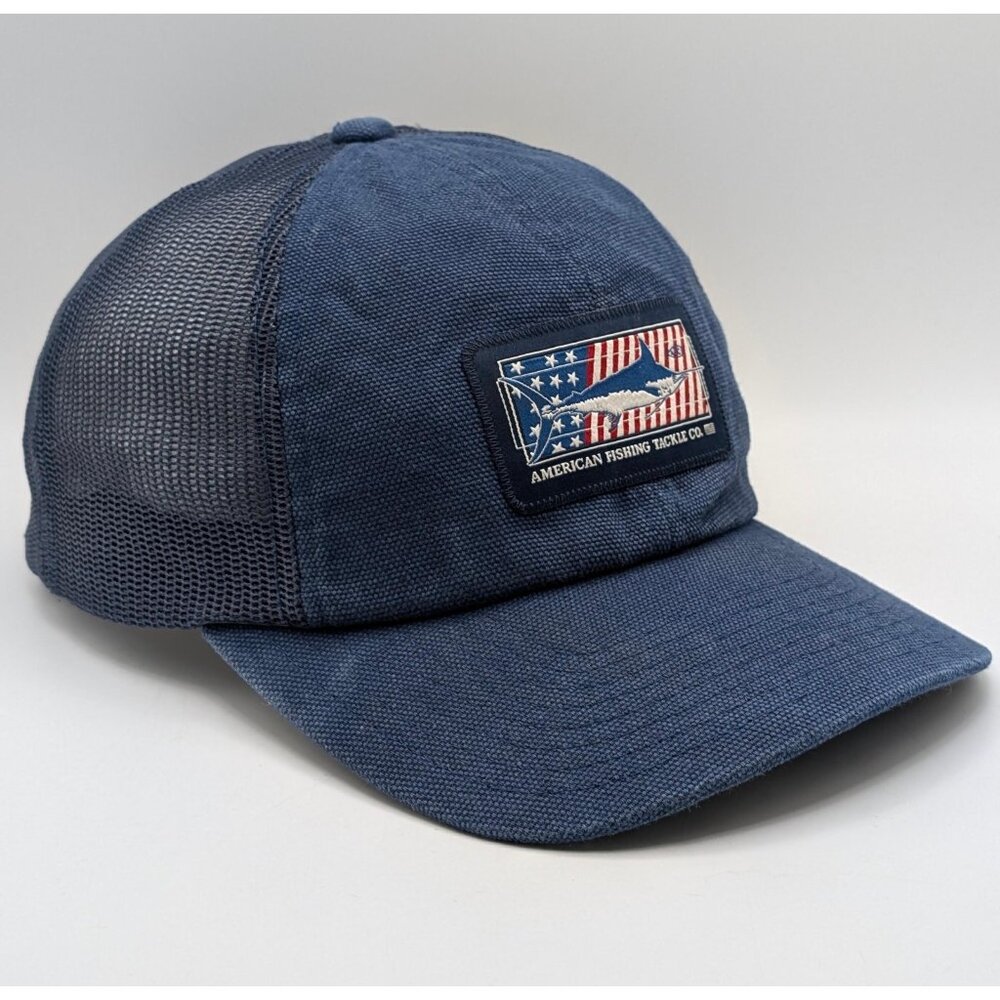 Aftco Swordfish Fish Patch Mesh Snapback Hat Cap Vintage Outdoors USA Flag Blue